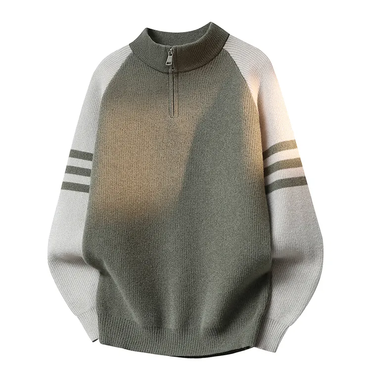 条纹撞色毛衣男青少年秋冬季加厚针织衫男生半拉链立领保暖打底衫