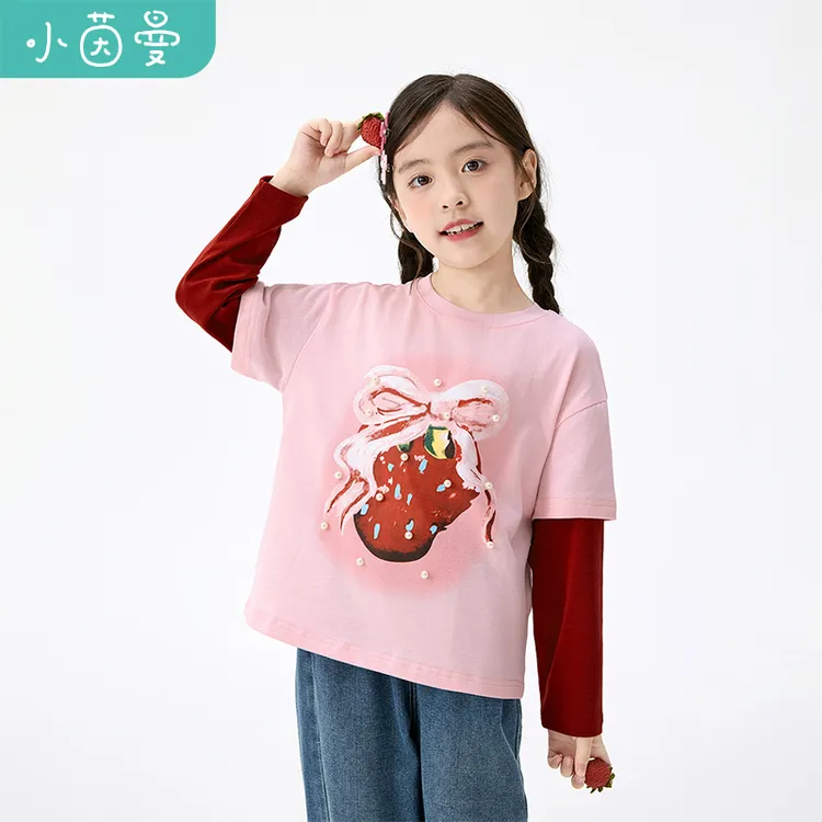 【T恤长袖】小茵曼女童拼接长袖t恤25秋季童趣套头打底衫草莓印花