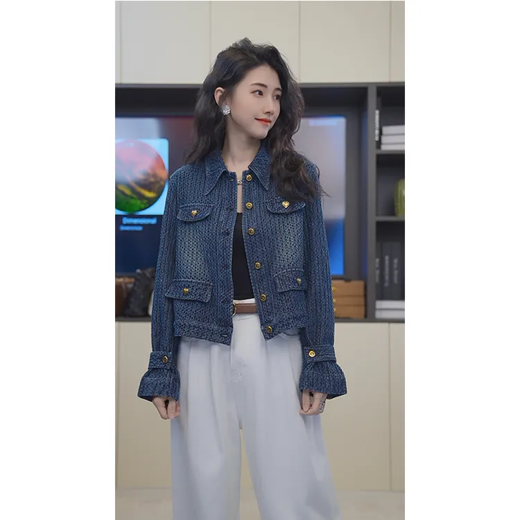 【小乖逃】女款！蓝色外套牛仔外套短爱心扣子休闲气质翻领926