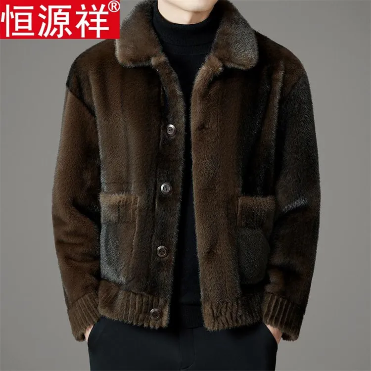 恒源祥皮毛一体雪兰貂绒海宁皮草冬季外套男士翻领短款麂皮绒夹克