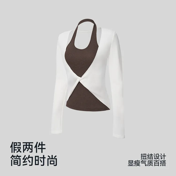 运动休闲上衣女款V领挂脖假两件法式秋季显瘦简约长袖6484