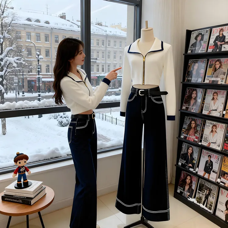 时尚穿搭一整套女装韩系气质百搭毛衣针织开衫高腰直筒牛仔裤爆款