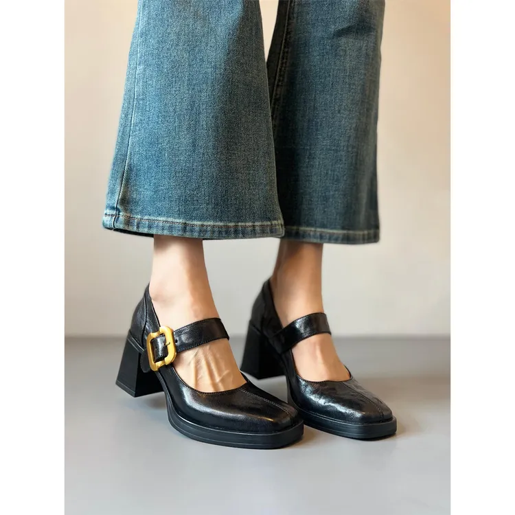 羊皮版~复古高跟玛丽珍鞋一字带方头真皮单鞋防水台粗跟浅口女鞋