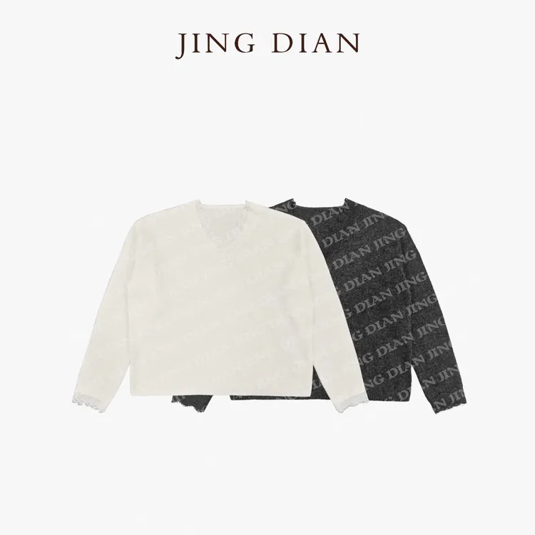 【JINGDIAN】米白蕾丝花边领天丝羊毛羊绒针织衫  长袖时尚休闲宽松