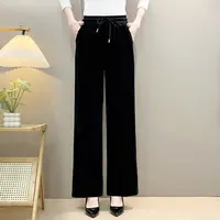 时尚春秋垂感阔腿裤松紧腰丝绒长裤口袋高腰薄款休闲裤