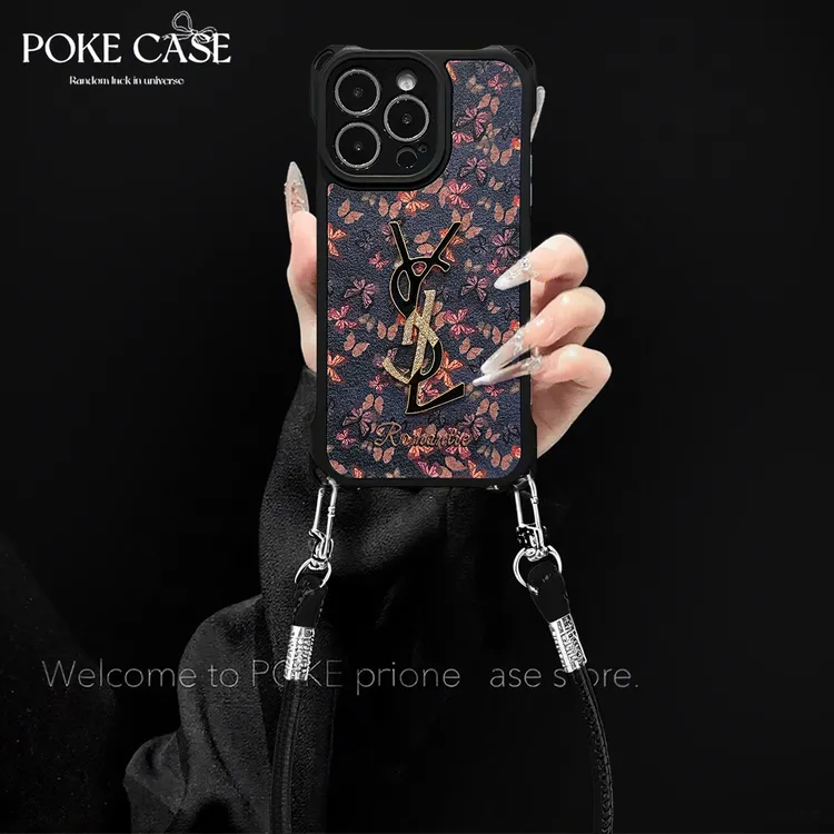 四角挂绳皮纹彩色蝴蝶适用华为红米苹果vivo小米oppo手绳壳