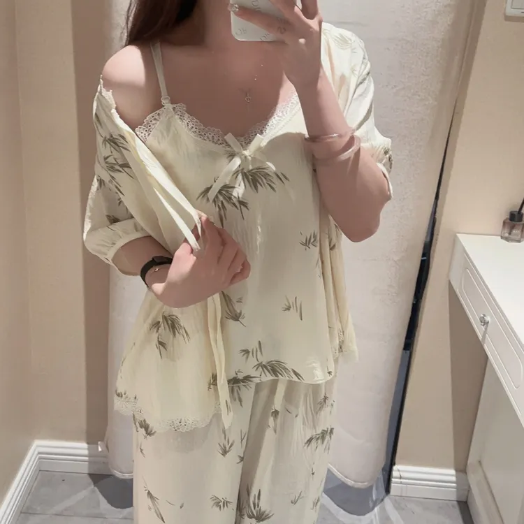 夏季新款竹林水墨吊带带杯垫短袖四件套睡衣气质优雅透气亲肤1976