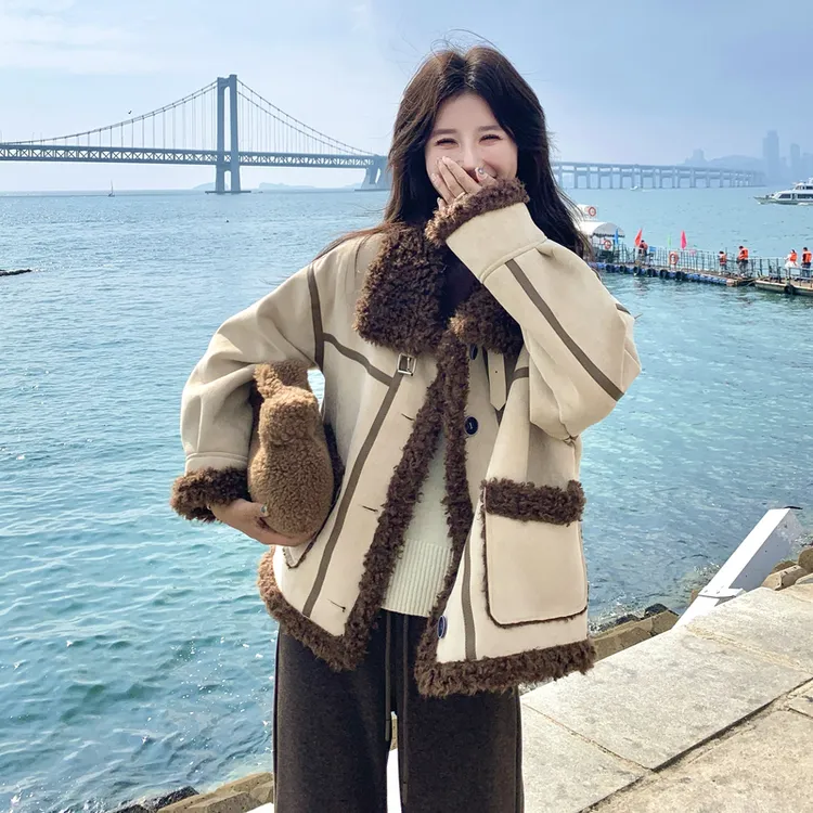 ins复古鹿皮绒羊羔毛棉服外套女25新款冬季韩版复古宽松加厚棉袄