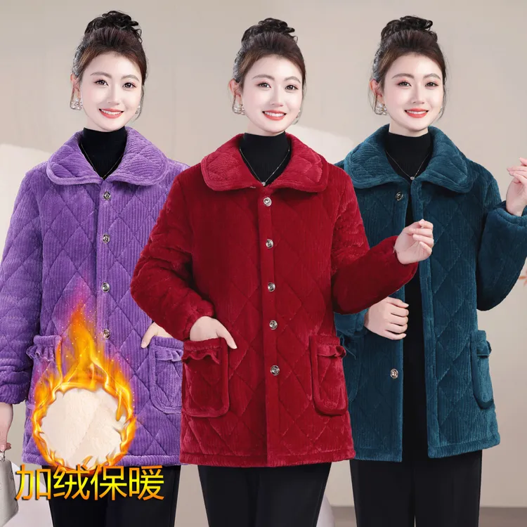 冬季纯色宽松大码中老年妈妈棉服加绒加厚保暖罩衣翻领工作服防寒