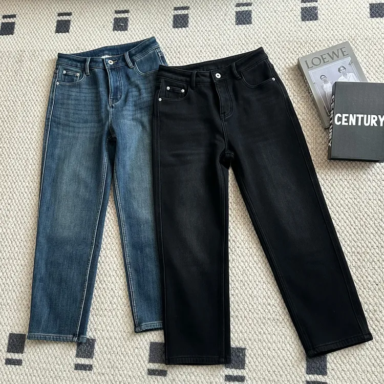 【米可家】秋冬加厚绒高弹力牛仔法棍裤90913