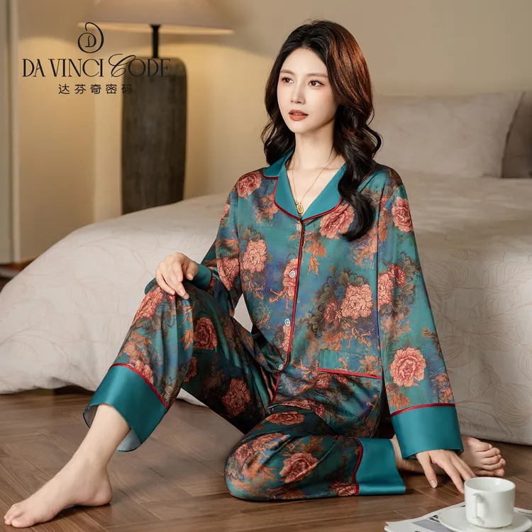 达芬奇密码2025新款爆款翠墨牡丹睡衣长袖短袖女士家居服宽松套装