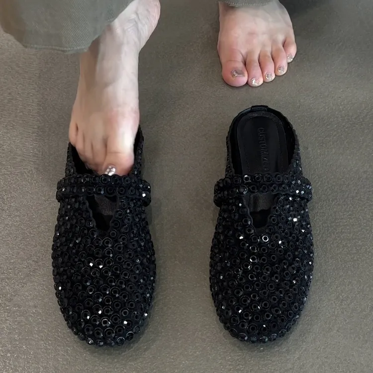 羊皮版~法式复古风圆头平底凉鞋女2025年新款编织一字带扣一脚蹬