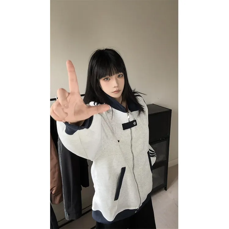 美式学院风开衫卫衣男女秋季拼接潮流百搭青少年条纹立领夹克外套