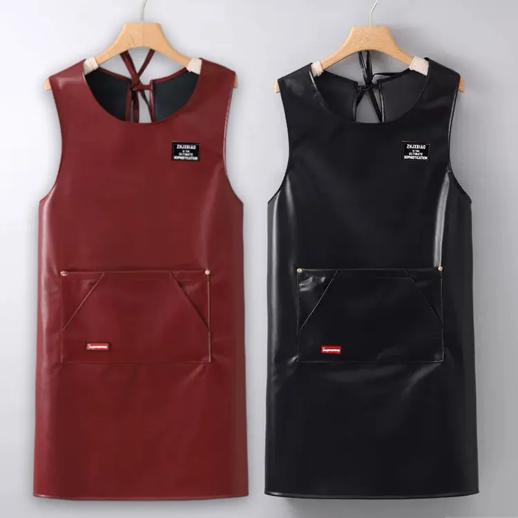 格流简约加厚PU软皮防水防油坎肩式围裙厨房饭店餐饮专用工作围腰
