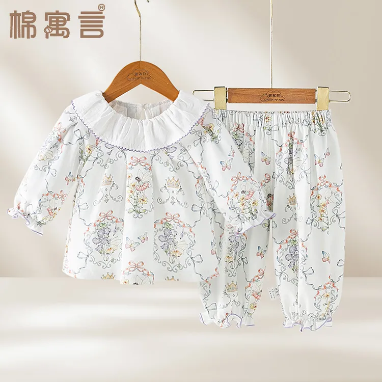 婴儿春秋套装可爱娃娃领上衣裤子两件套女宝宝纯棉分体长袖外出服