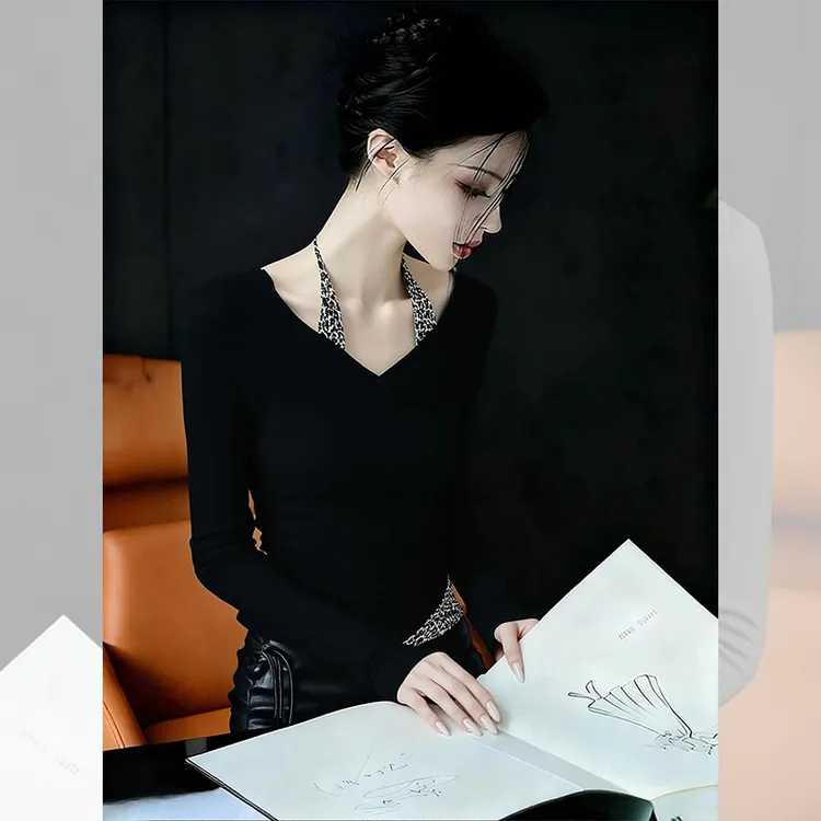 黑色假两件v领长袖t恤打底衫内搭设计小众时尚洋气百搭上衣女秋冬