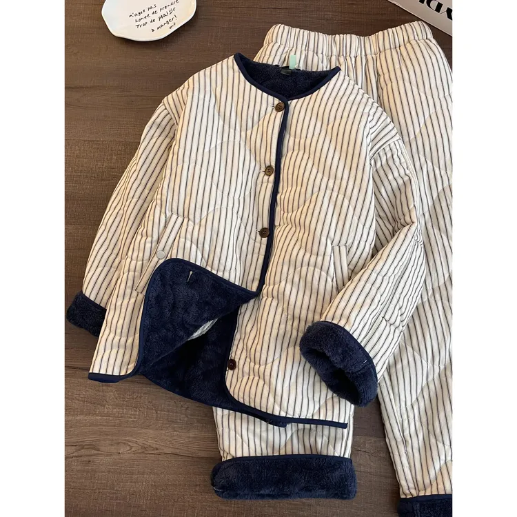 韩版撞色开衫外套夹棉睡衣女冬季条纹长裤加绒棉服保暖家居服套装