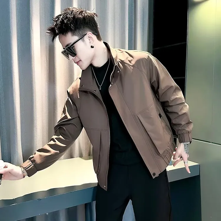 咖色工装大口袋夹克男潮牌痞帅立领男装上衣2025新款春秋休闲外套