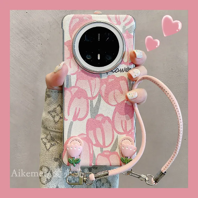 适用华为mate70pro+手机壳满屏粉郁金香mate60pro+无边框皮纹挂绳
