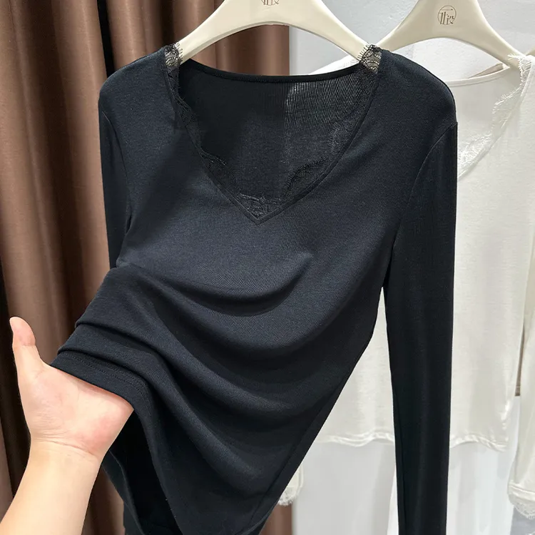 纯欲风性感黑色蕾丝拼接V领T恤上衣女秋冬内搭爆款长袖针织打底衫
