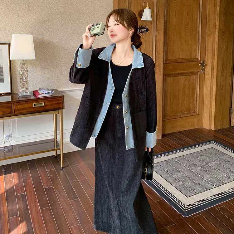 复古高级感套装裙女2025春秋新款假两件牛仔拼接上衣半身裙两件套