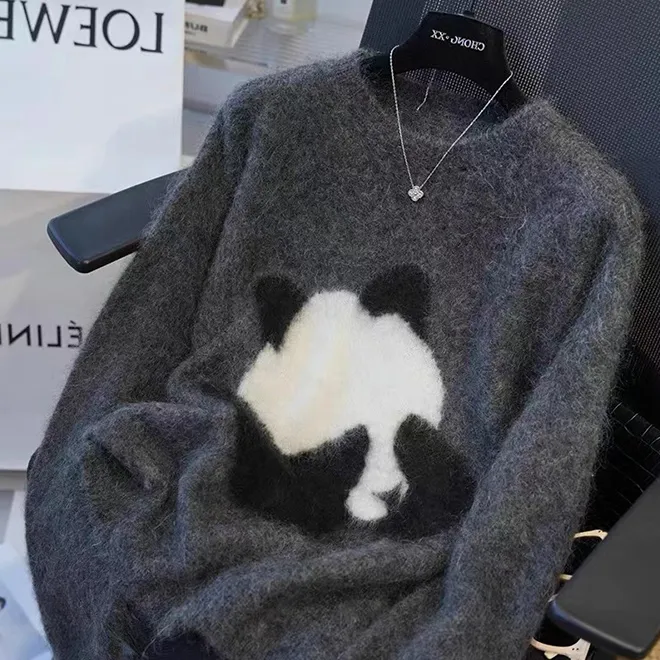 100%羊毛衫女秋冬新款百搭打底衫提花针织衫圆领熊猫刺绣羊绒毛衣