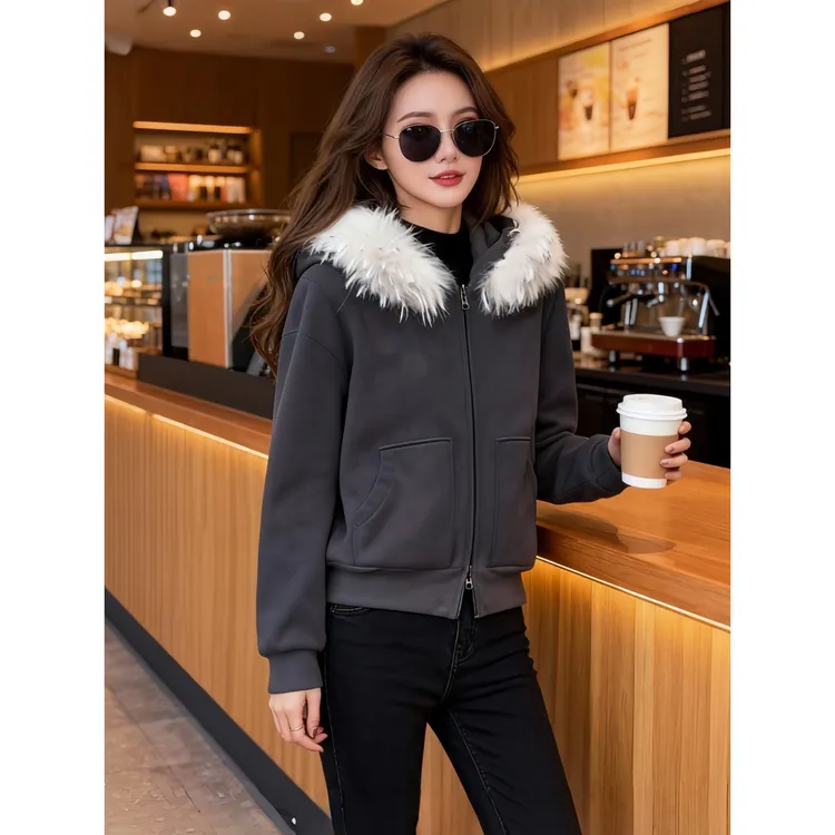 韩系毛领连帽双拉链加绒卫衣外套2025秋冬季新款时尚百搭上衣女装