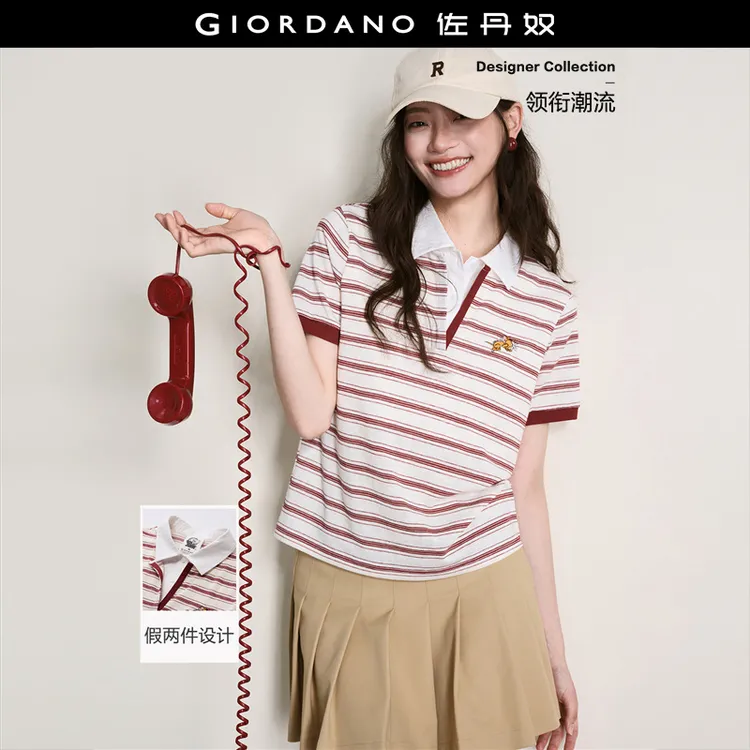【猫和老鼠联名】佐丹奴夏新款刺绣假两件条纹短袖POLO衫女18316504