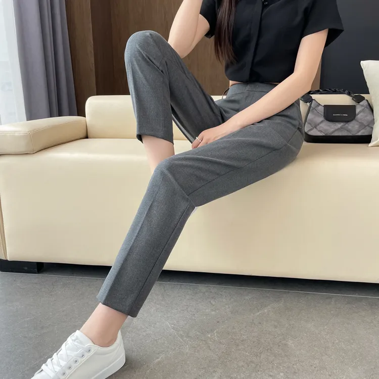 小个子西装裤夏季薄款烟管裤高腰宽松直筒休闲裤职业正装九分裤