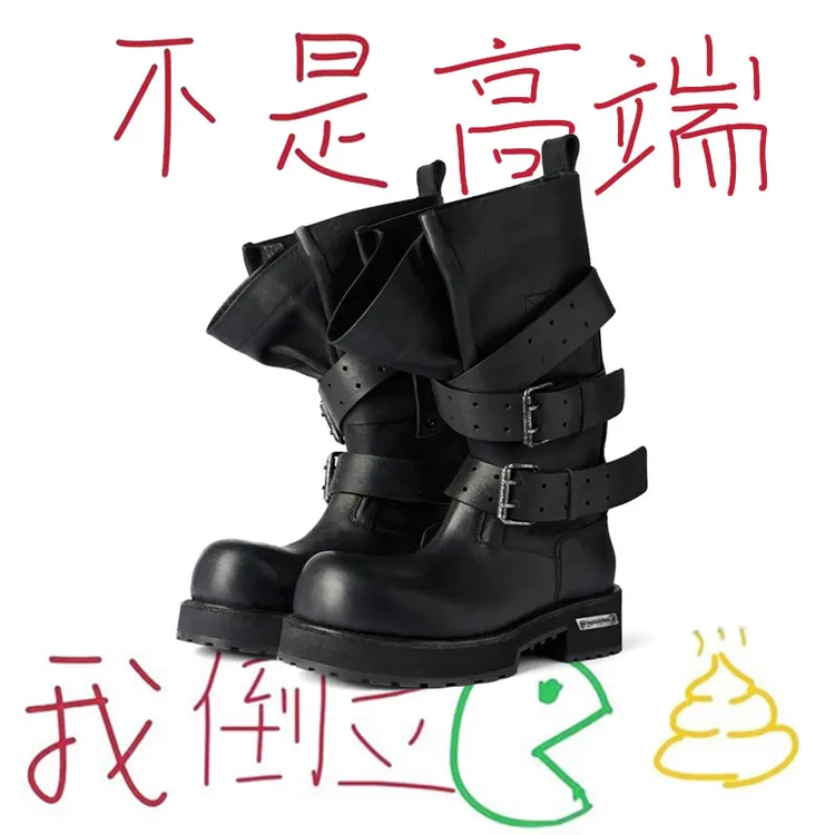 【巴黎同款】厚底马丁靴女2025新款真皮机车靴毒液黑色中筒骑士靴