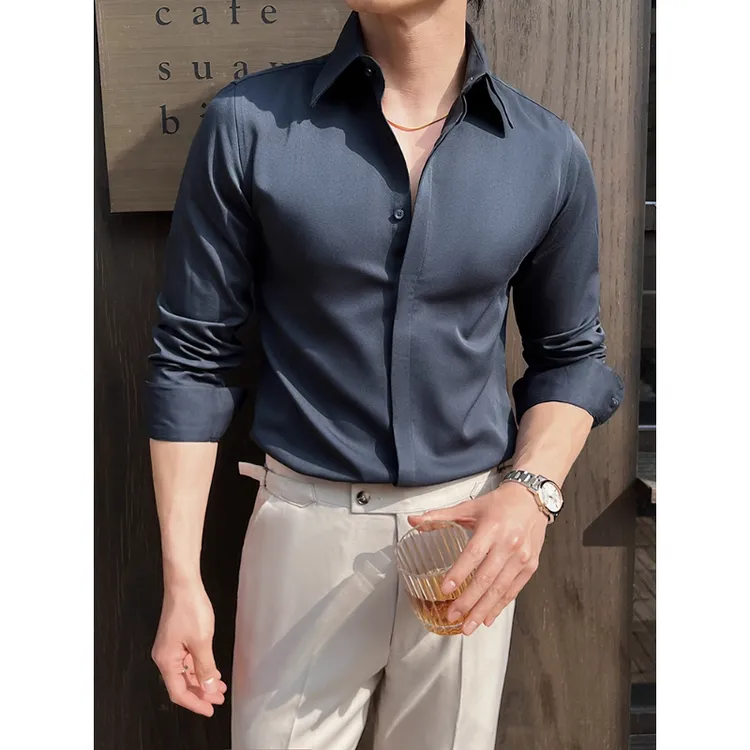 男士衬衫长袖2025新款春秋季高级感痞帅商务男装隐形暗扣男式衬衣