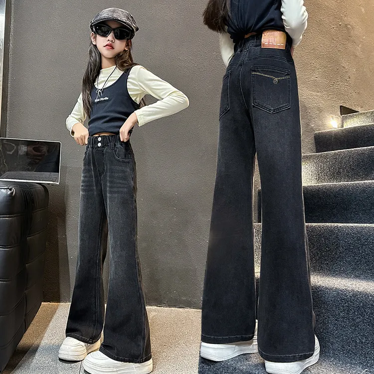 巴拉巴拉男孩女孩女童裤子春秋款休闲洋气喇叭裤女大童春季黑色弹