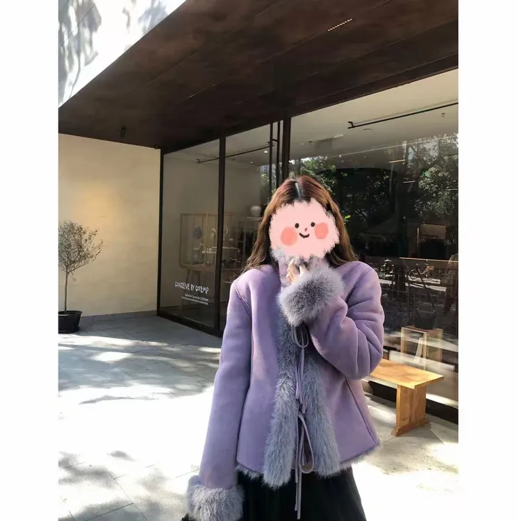 【奶油香芋】冬季复古蝴蝶结毛毛拼接立领棉服 00111