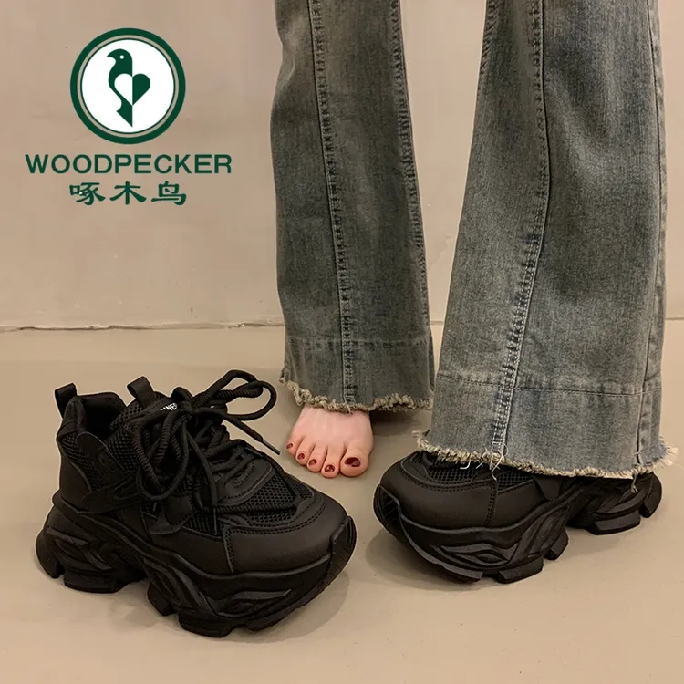 啄木鸟厚底老爹鞋女小个子增高2025新款春秋爆款黑色休闲运动鞋