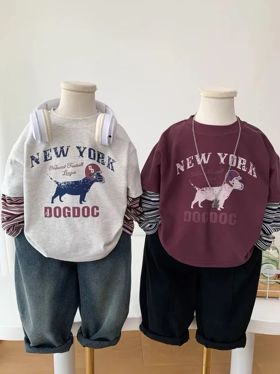 男童长袖T恤2025新款儿童春秋打底衫洋气小男孩时尚假两件上衣潮T