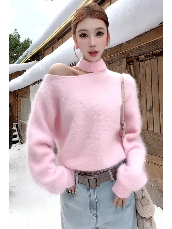 软糯高级粉色毛衣女秋冬内搭打底轻奢高端绝美巨好看套头针织衫