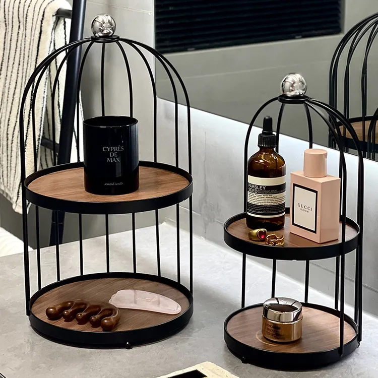 高级感中古风化妆品香水多功能收纳架铁艺香薰首饰台面双层架家用