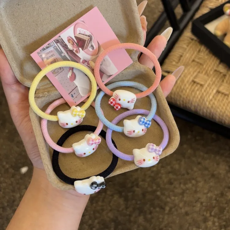 可爱格子领结KT猫发圈甜美少女学生闺蜜卡通头绳彩色扎头皮筋发饰