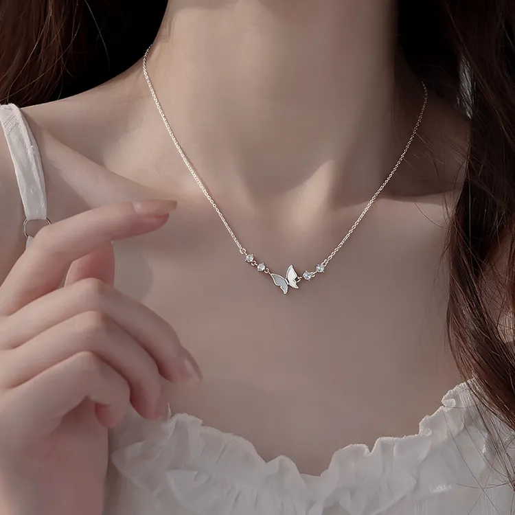 链子925银贝壳 925银蝴蝶小钻项链女2025爆款锁骨链时尚吊坠颈链