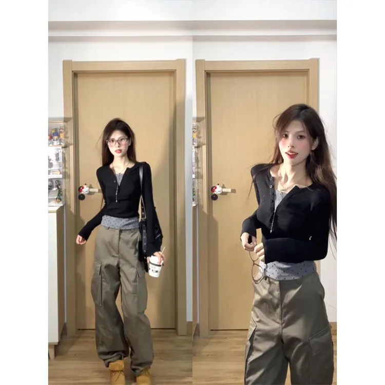 辣妹波点假两件领长袖恤女秋季新款别致紧身短款内搭打底衫上衣