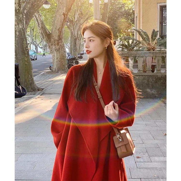 婚庆双面大衣女2025冬季高级感圣诞红色中长款慵懒风宽松毛呢外套