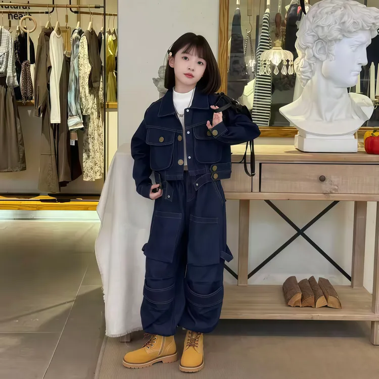 2025春秋女童设计款工装牛仔套装气质新款休闲宽松两件束脚哈伦裤