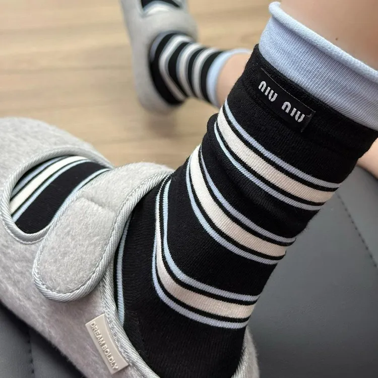 春夏韩系ins布标双罗口撞色拼接春秋中筒堆堆袜复古条纹袜子女