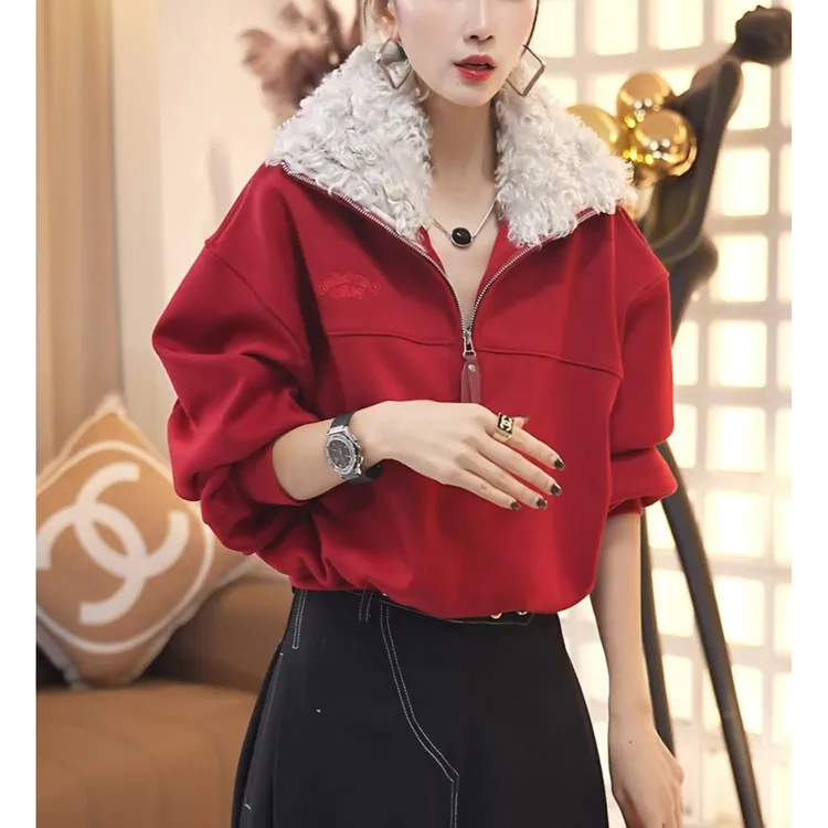 2025秋冬季新款毛领设计感休闲卫衣小衫时尚洋气加绒保暖显瘦上衣