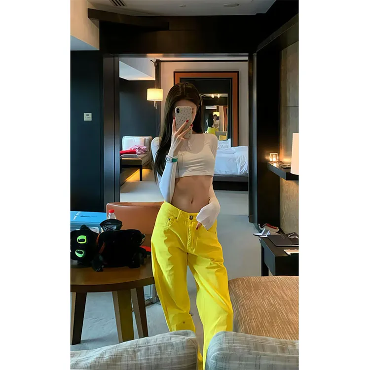 辣妹性感小个子短款露背长袖打底上衣多巴胺气质高腰直筒休闲长裤