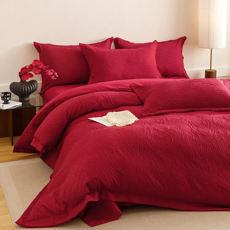 高档轻奢玫瑰结婚四件套红色纯棉婚庆喜被套新婚陪嫁床上用品婚房