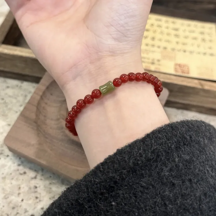 天然红玛瑙搭配搭配竹节单圈手串女款百搭串珠招财转运珠手链5mm