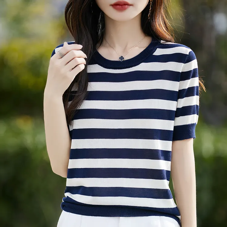 哥弟阿玛施正品新款条纹T恤衫上衣夏季半袖针织打底简约洋气上衣