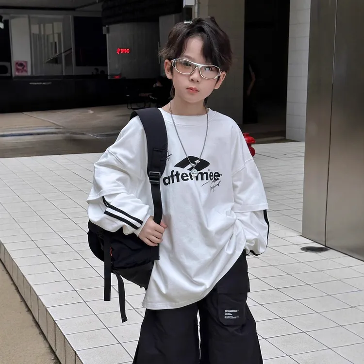 新尔2025秋季新款拉条假两件长袖T恤重磅纯棉宽松上衣男童潮