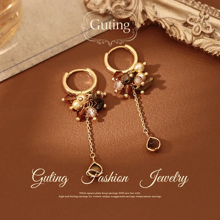 铜合金耳饰 23120不规则串珠流苏耳扣耳环女高级感耳饰秋冬耳钉